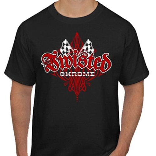 A black t-shirt with red and white lettering