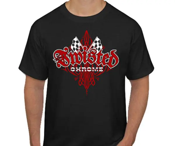 A black t-shirt with red and white lettering.