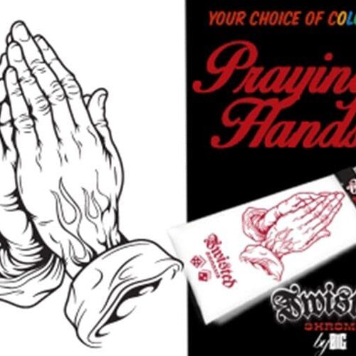A praying hands tattoo design with the words " your choice of color."