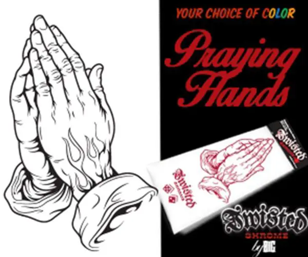 A praying hands tattoo design with the words " your choice of color."