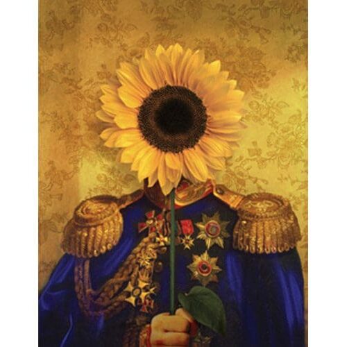 A painting of a man with a sunflower in his head.