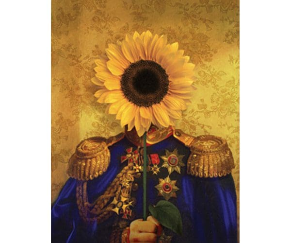 A painting of a person holding a sunflower