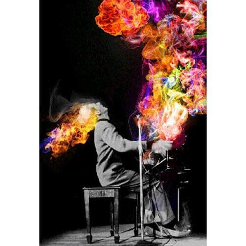 A man playing piano with colorful smoke coming out of it.