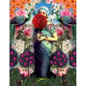 A painting of a woman holding flowers and peacock feathers.