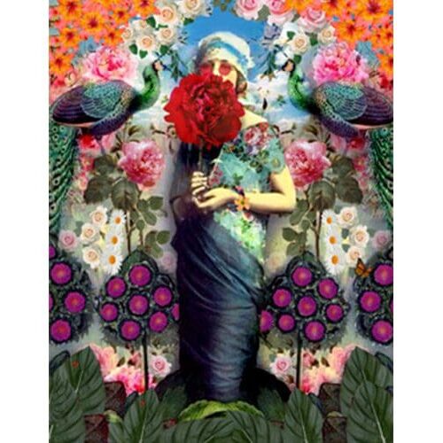 A painting of a woman holding flowers in her hand.