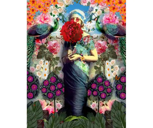 A painting of a woman holding flowers and peacock feathers.