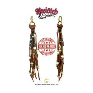 A pair of brown leather earrings with beads and charms.