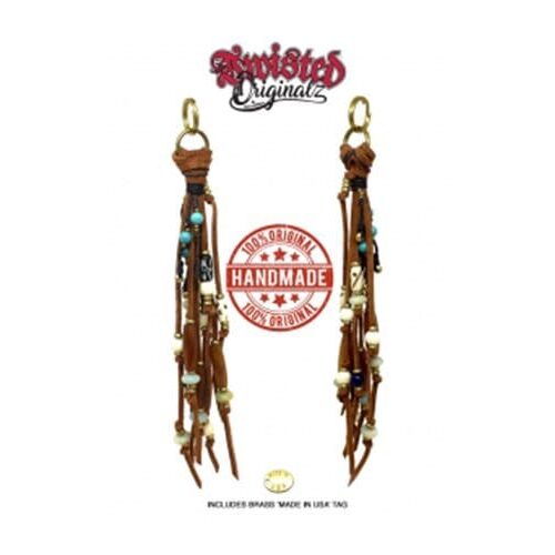 A pair of brown leather earrings with gold accents.