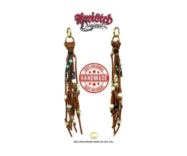 A pair of brown leather earrings with beads and charms.
