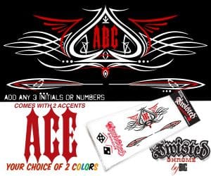 A red and black ace tattoo design with two numbers.