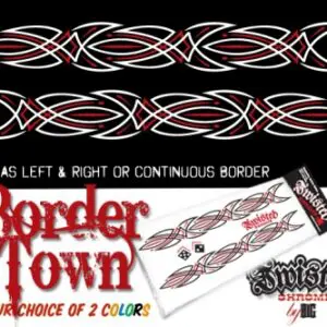 A border town decal kit with red and black designs.