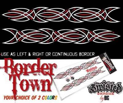 A border town decal kit with red and black designs.