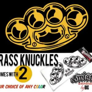 A pair of brass knuckles tattoos with two different designs.
