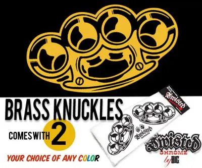 A pair of brass knuckles tattoos with two different designs.