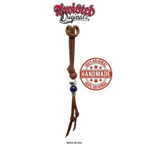 A brown leather strap with a red and blue logo on it.