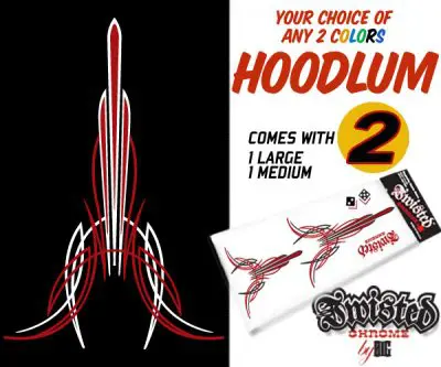 A red and white hood liner with the words " hoodlum 2 ".