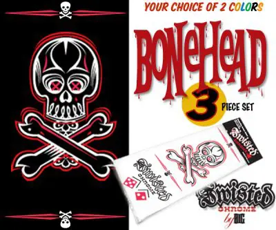 A set of three stickers with the words " bonehead ".