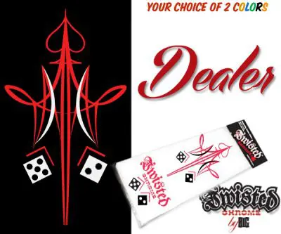 A black and red logo with dice on it