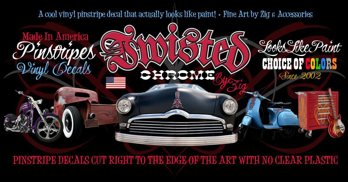 A banner with an old car and the words " twisted chrome ".