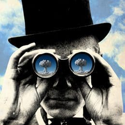 A man with a top hat and glasses looking through binoculars.