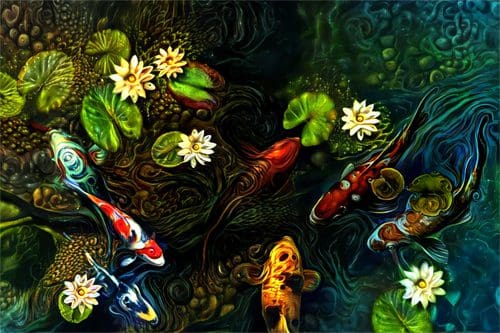 A painting of many different fish swimming in the water