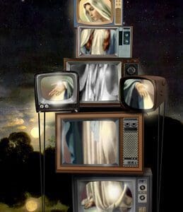 A stack of television sets with the television on top.