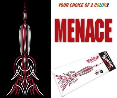 A red and white tattoo is next to the words " menacing ".