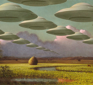 A painting of many ufos flying over a field.
