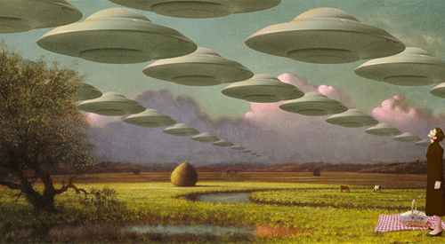 A painting of many ufos flying over a field.