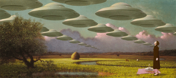 A painting of many ufos flying over a field.