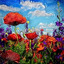 A painting of flowers in the grass and sky