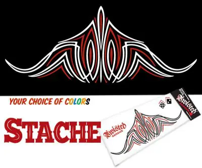 A red and white tattoo design with the word stache underneath.