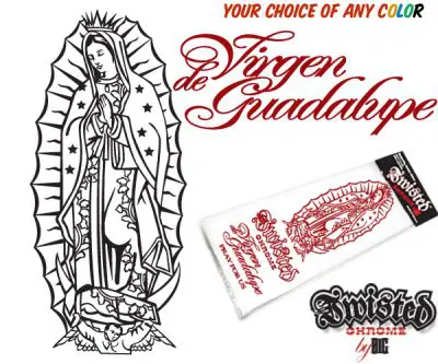 A tattoo of the virgin de guadalupe with a custom lettering.