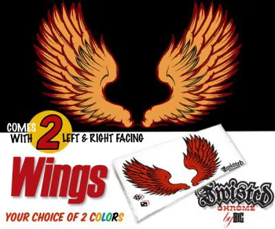 A pair of red and yellow wings with the words " 2 left & right facing " underneath them.