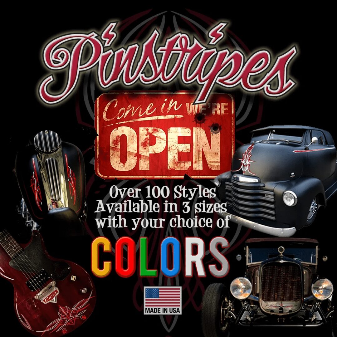 A poster of various cars and guitars with the words " pinstripes come to open ".